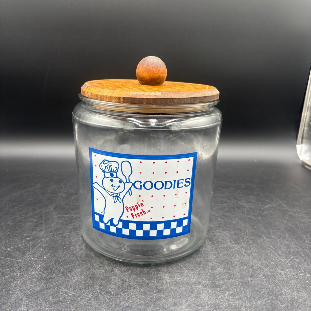 Vintage Pillsbury Doughboy Poppin Fresh Glass Goodies Jar with Wood Lid 8.5"